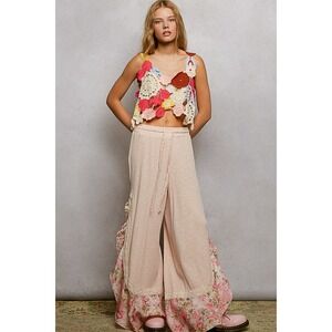 POL Floral Ruffle Waffle Knit Palazzo Pants Blush Pink Boho Lounge Size Large